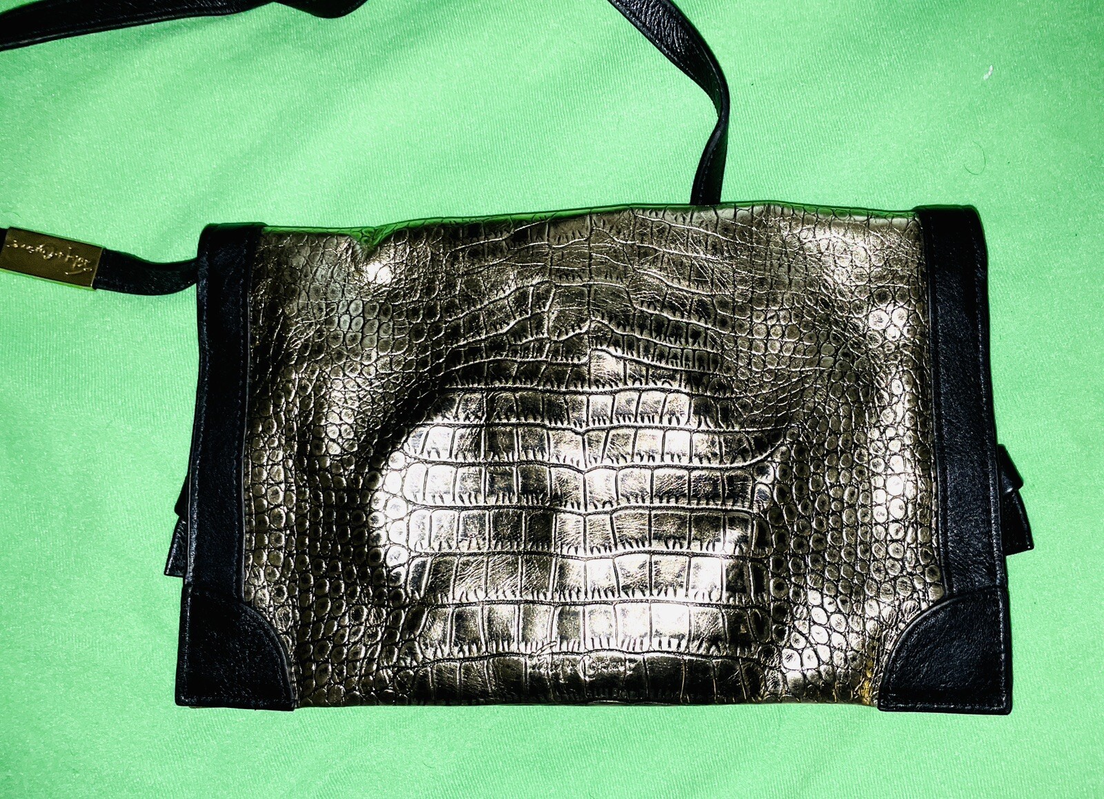 $295 FOLEY & CORINNA FRAMED FLAP GOLD CROCODILE EMBOSSED LEATHER CROSSBODY BAG