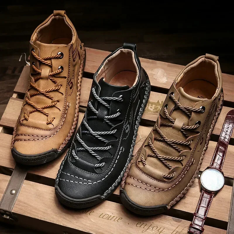 Men Hand Stitched Leather Walking Shoes Lace Up Non Slip Casual Outdoor Sneakers