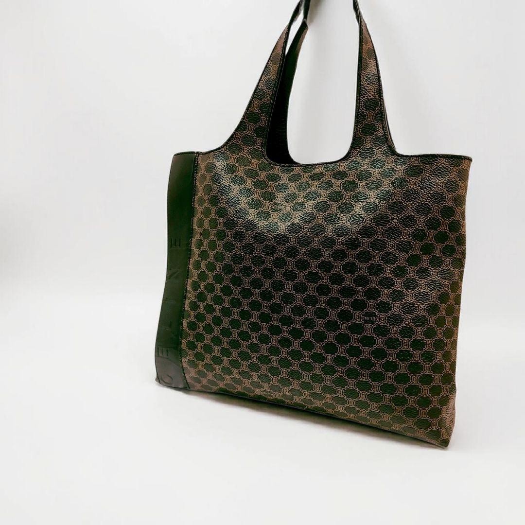 CELINE Macadam Triomphe Leather PVC Handbag Black Brown Vintage Authentic