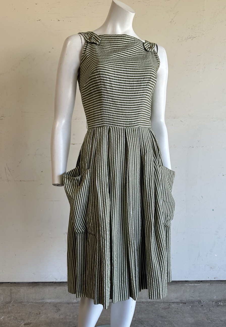 Vintage 50s 60s Olive Striped Summer Day Dress 25” Waist 1950s