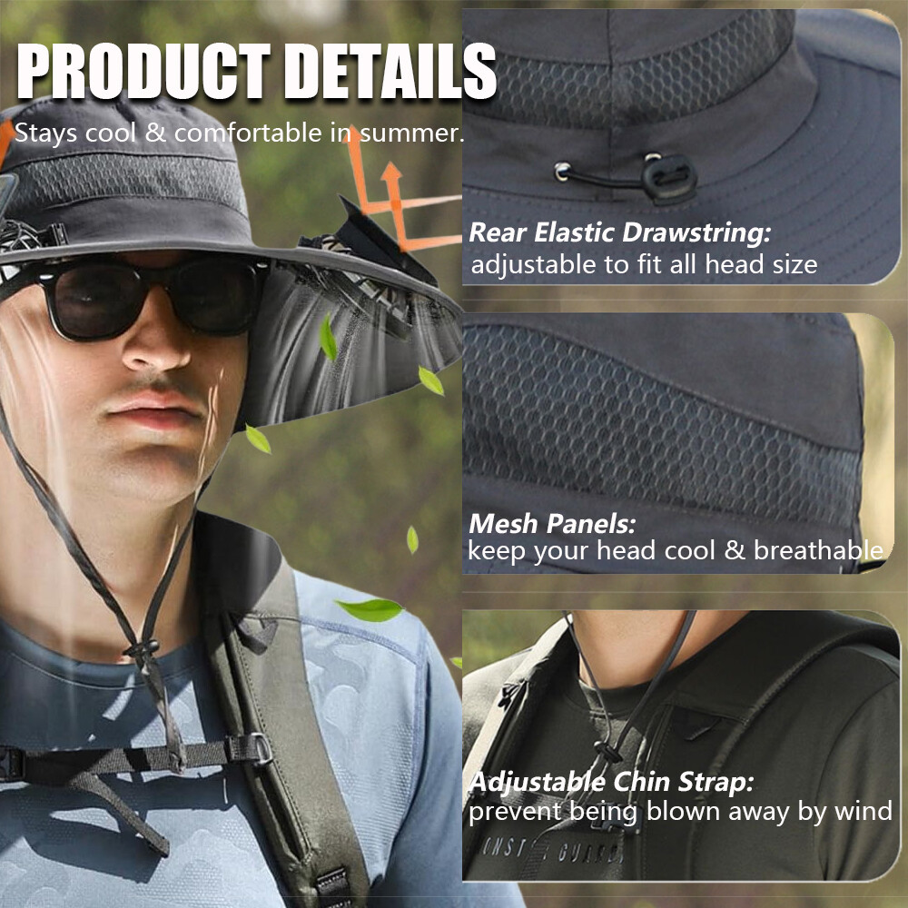 Outdoor Wide Brim Sun Hat with 2 Solar Fan UV Protection Hiking Camping Fishing