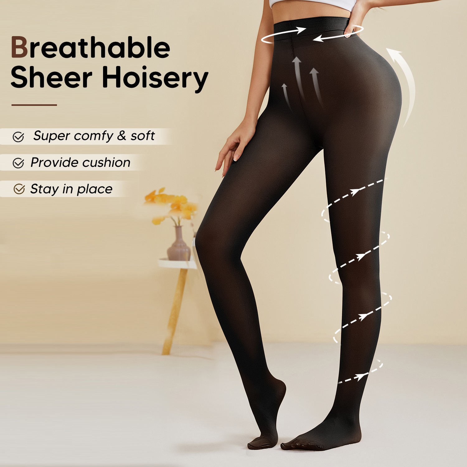 Semi Sheer Control Top Pantyhose for Women High Waist High Stretch Tights Black