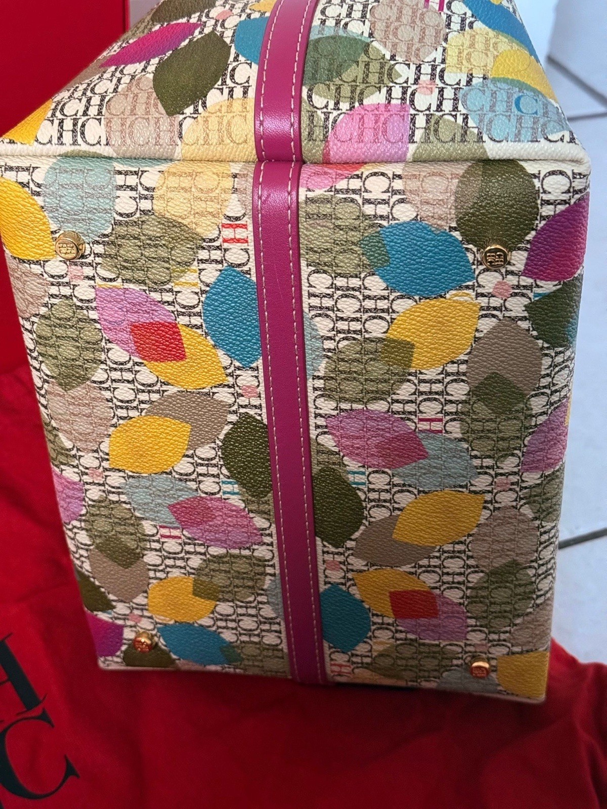 Carolina Herrera CH Monogram Multicolor Tote Purple Double Handles Padlock Key