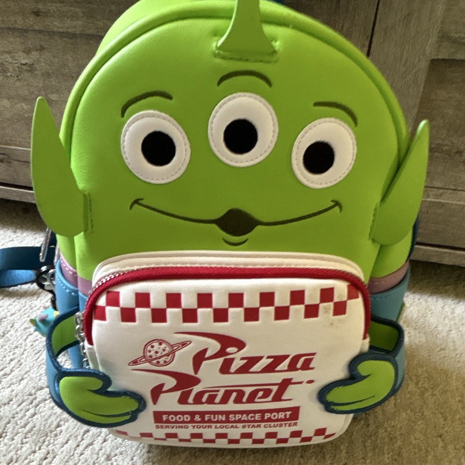 Toy Story Alien Pizza Planet Mini Backpack Faux Leather Checkered Zip Strap