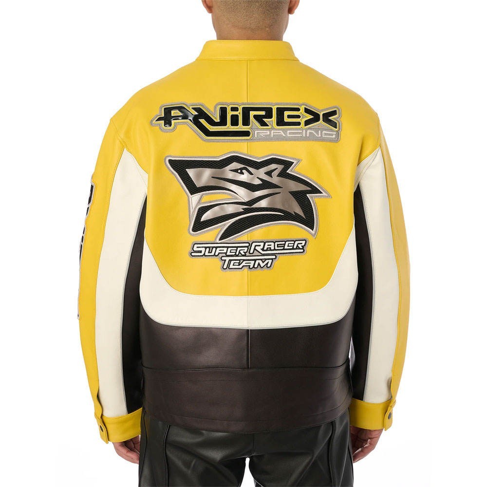Avirex Racing Leather Jacket Men Super Racer Team Lone Wolf Biker Coat Yellow
