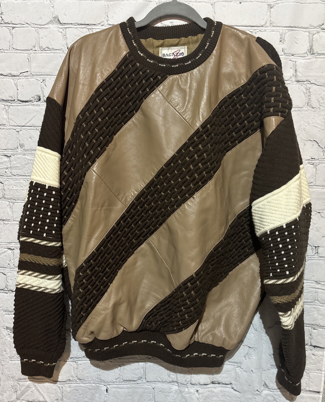 Vtg Bagazio Knit Sweater Men’s Sz M Leather Acrylic/Wool Coogie Style Hip Hop