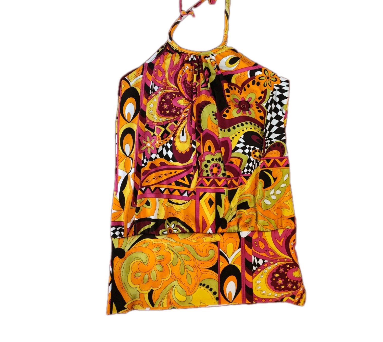 Vintage A buyer Halter Top Size Sm USA Psychedelic Floral Paisley Boho Hippie