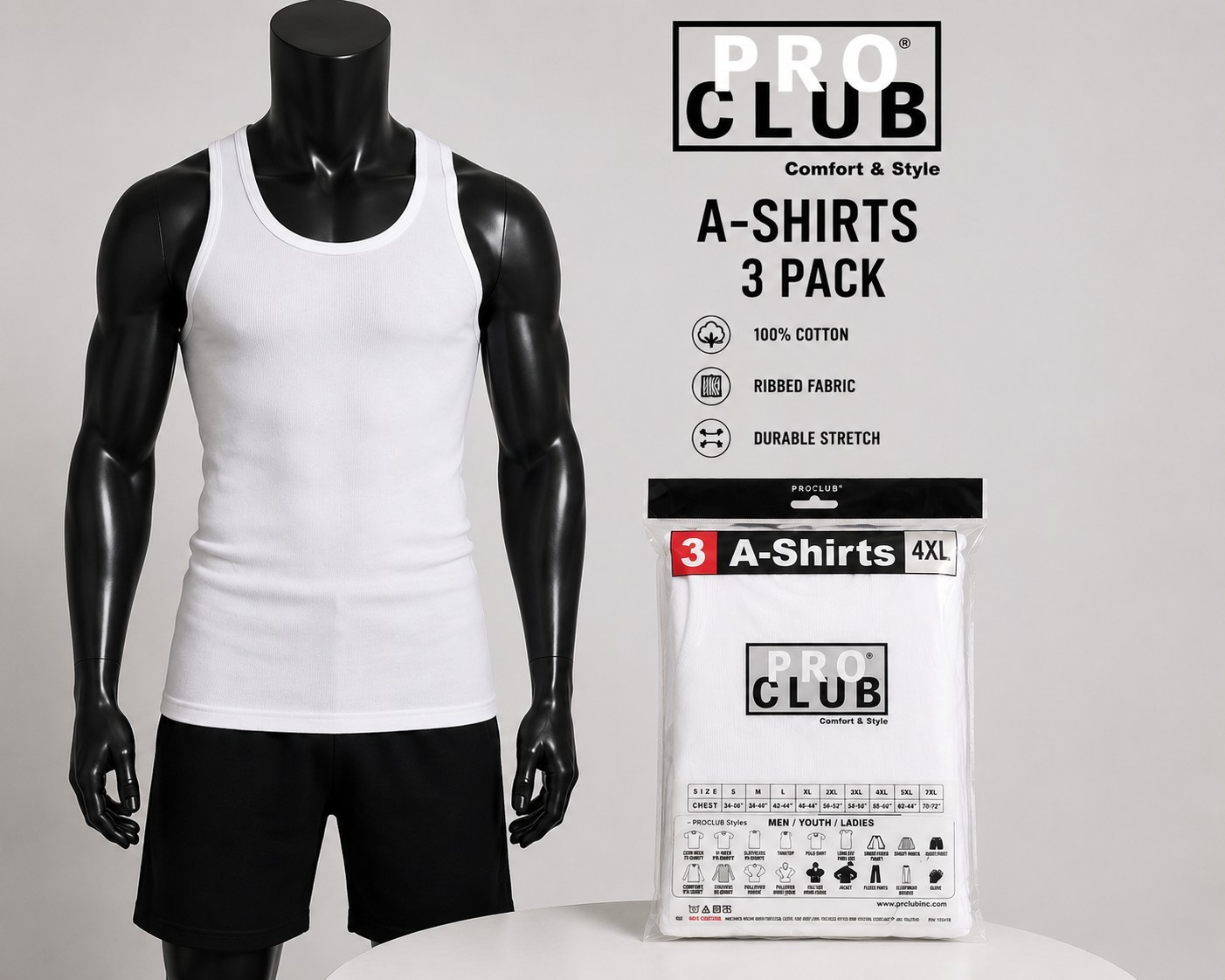 3 PACK PRO CLUB MENS A-SHIRT SIZES (S- 5XL) RIBBED TANK TOP WHITE/BLACK
