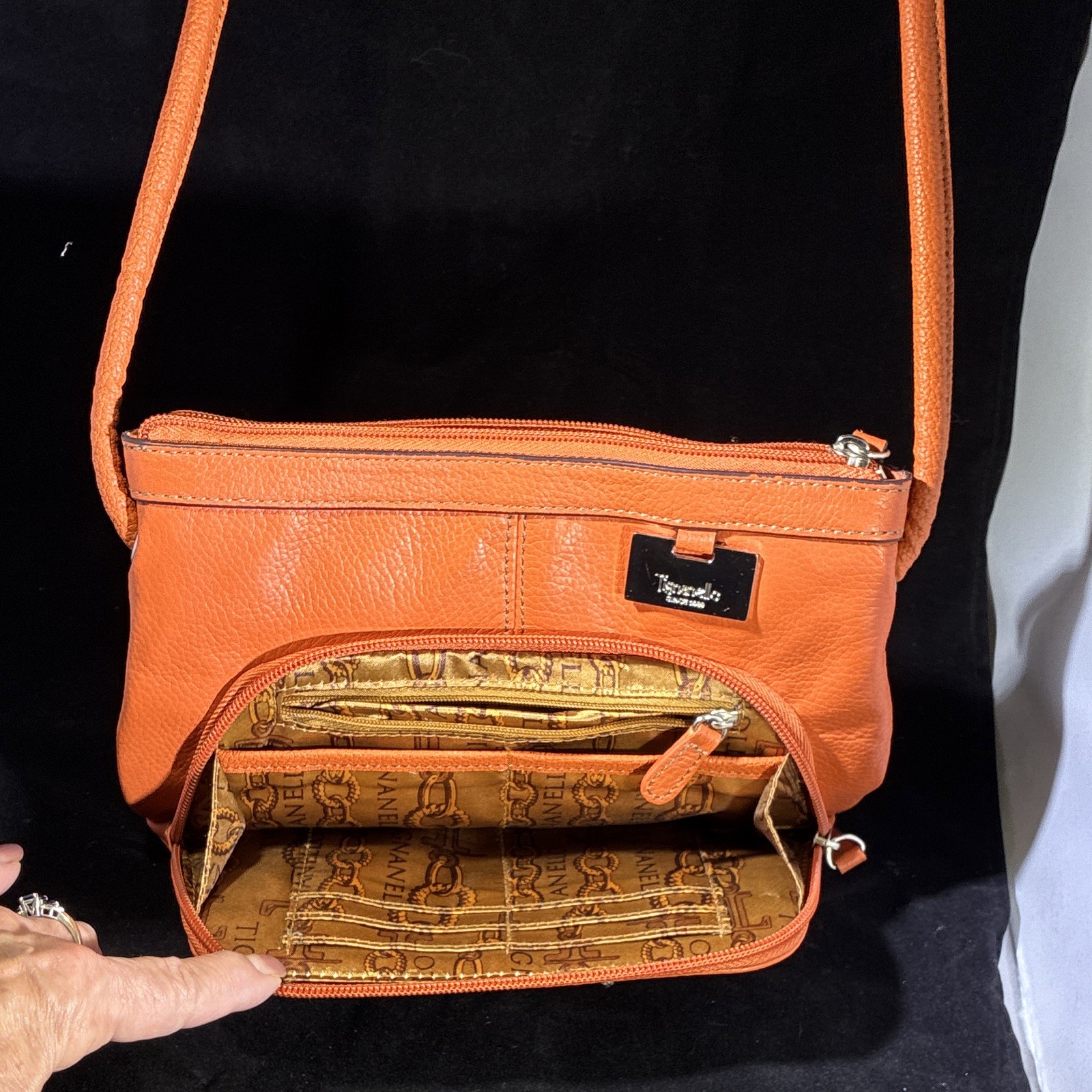 Tignanello Orange Pebbled Logo Crossbody Bag, Silver Hardware, Zip, Strap