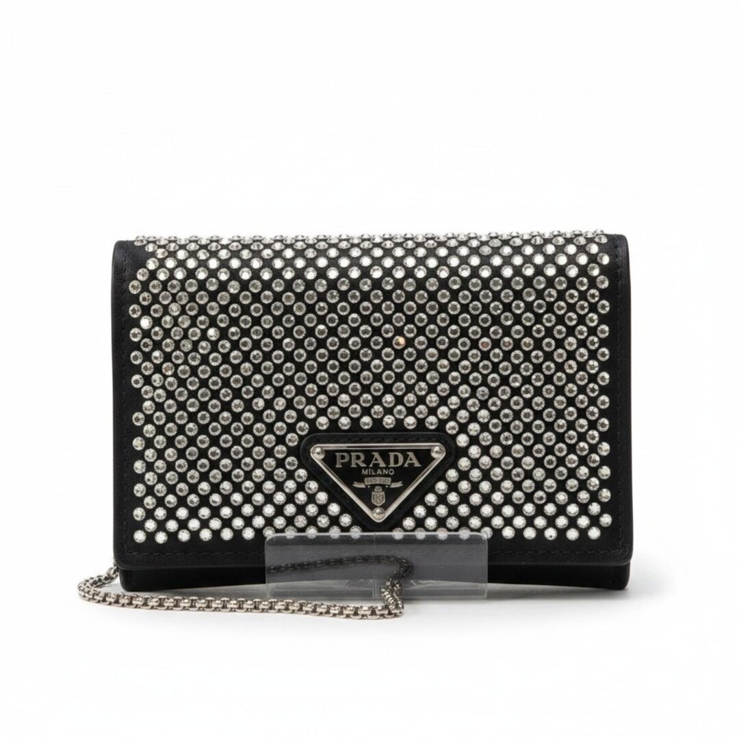 PRADA Rhinestone Flap Card Holder Mini Bag Black Silver Women TA1 Used AYAN-0