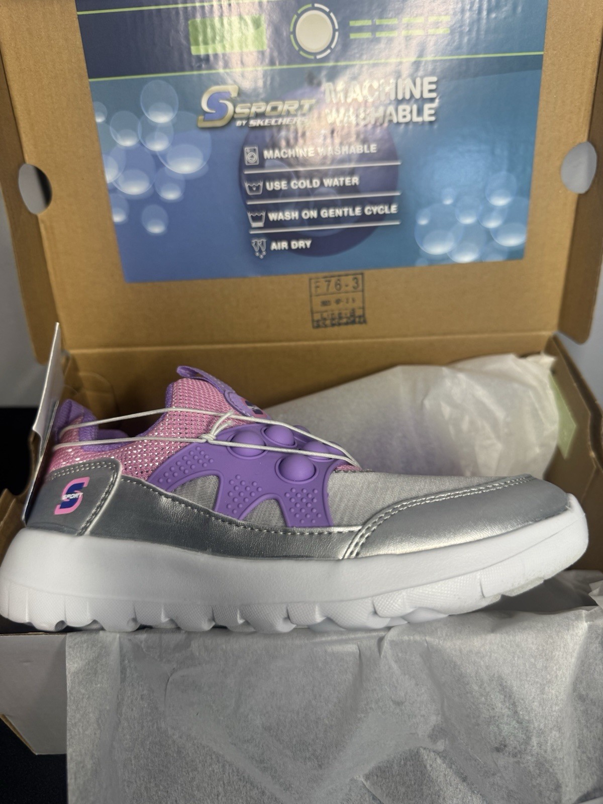 S Sport by Skechers Silver Purple Slip-On Machine Washable Girls Sneakers Size 1