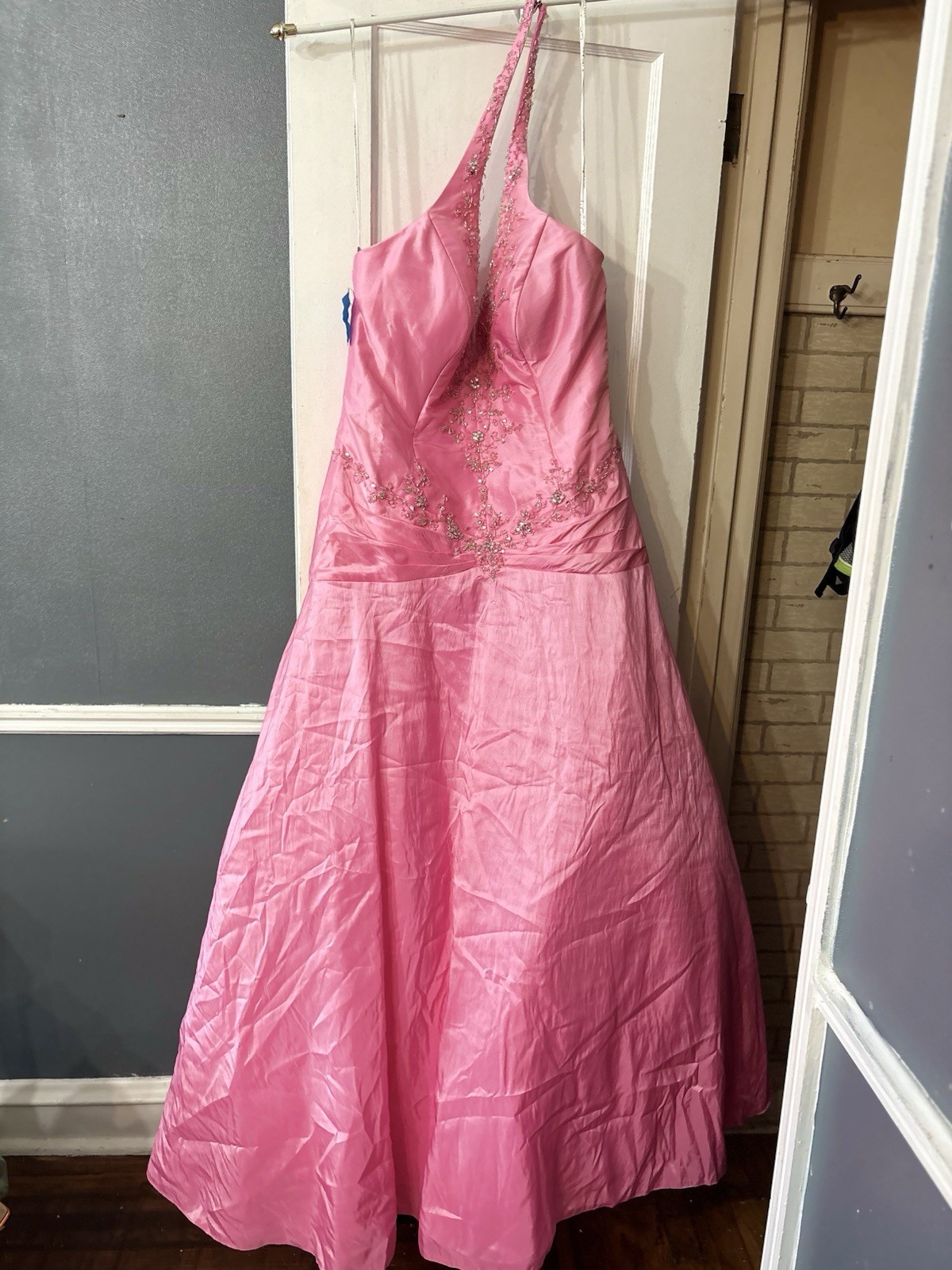 Pink Satin Halter Sleeveless Beaded Sequin Formal Ball Gown Long Dress 16