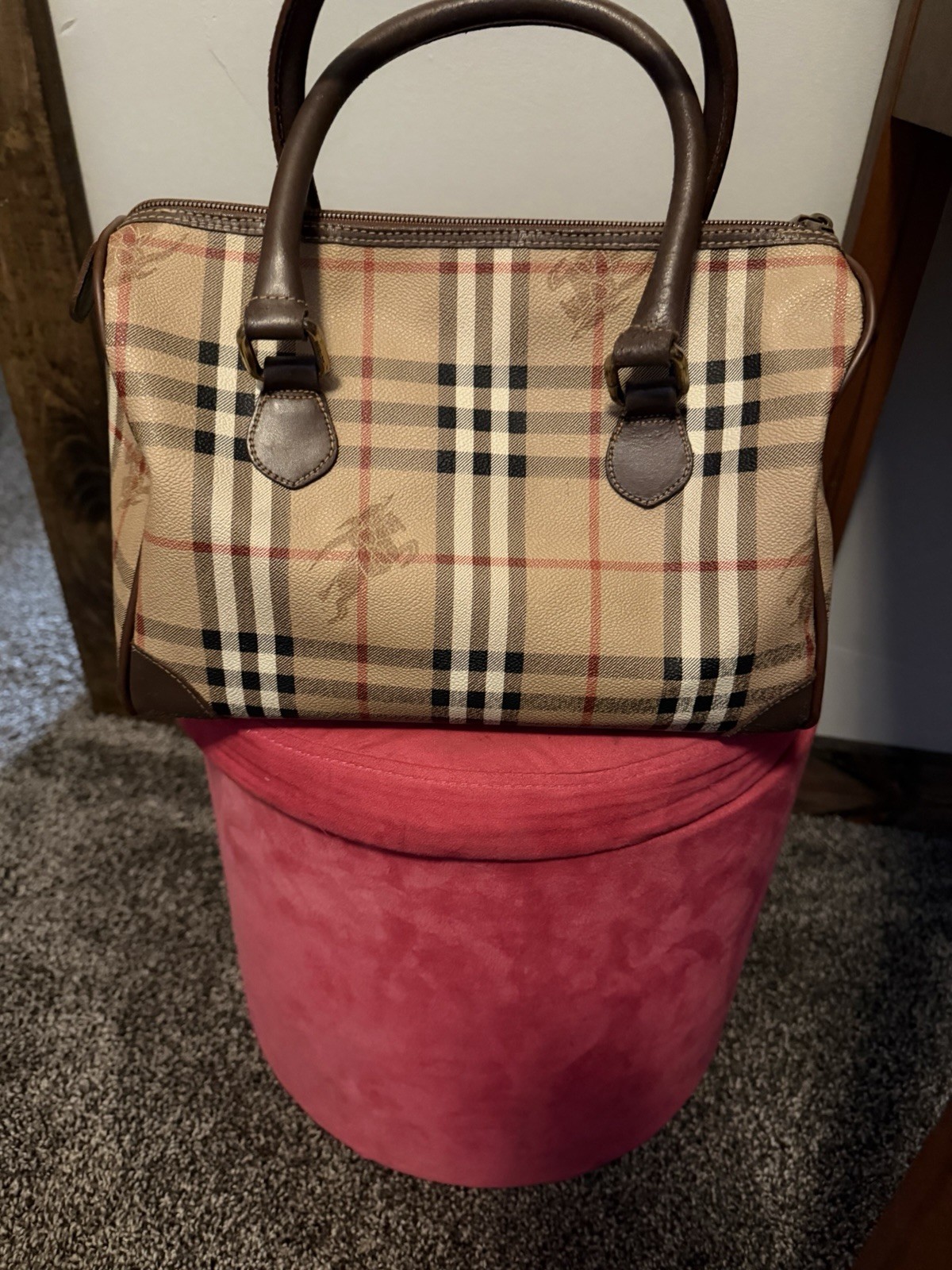 Burberry Haymarket Check Satchel Top Handle Bag Zip, Gold
