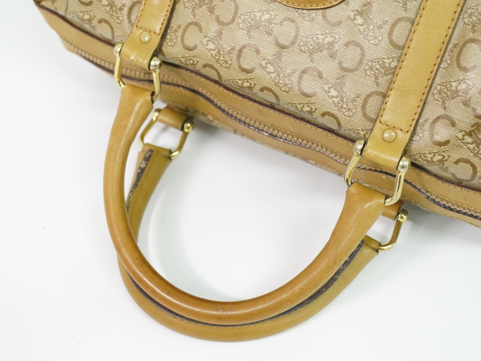 CELINE C Macadam PVC Boston Handbag Beige Gold