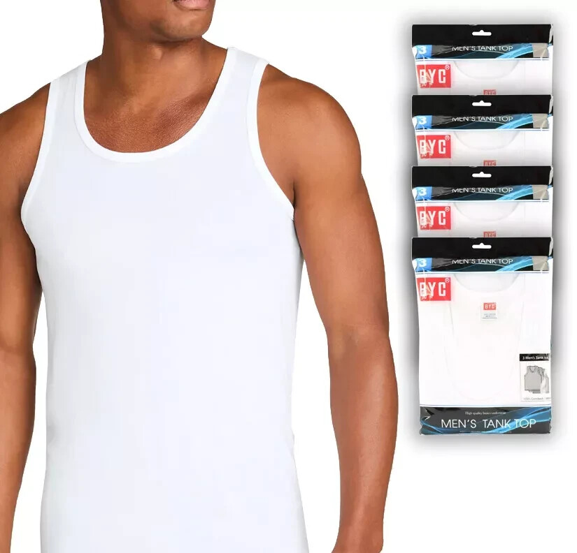 BYC Men’s White 100% Cotton Undershirts Tank Top A Shirts Pack of 12 pc MT01