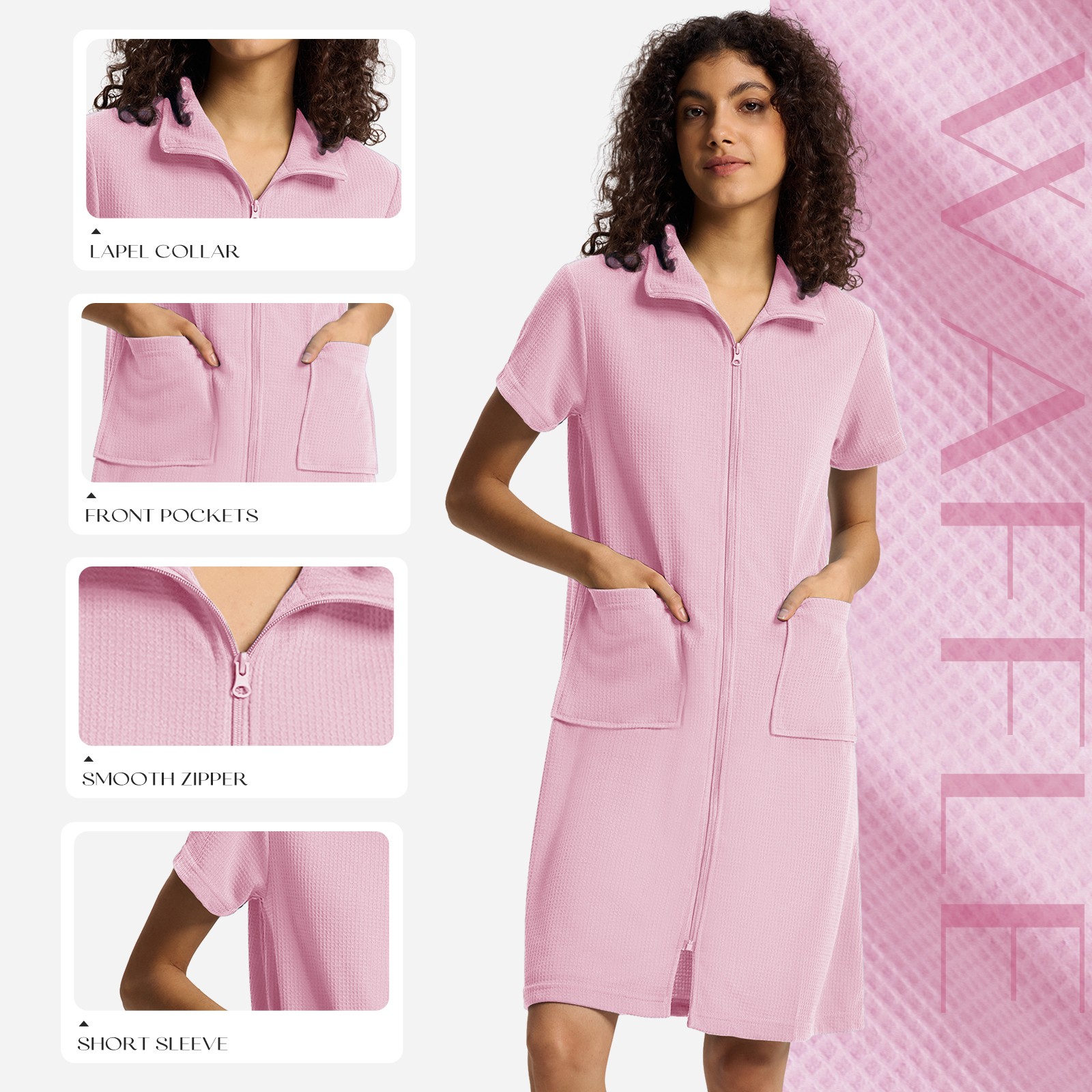 SIORO Women Zip-Front Robes Short Sleeve Bathrobes Waffle House Coat Loungewear
