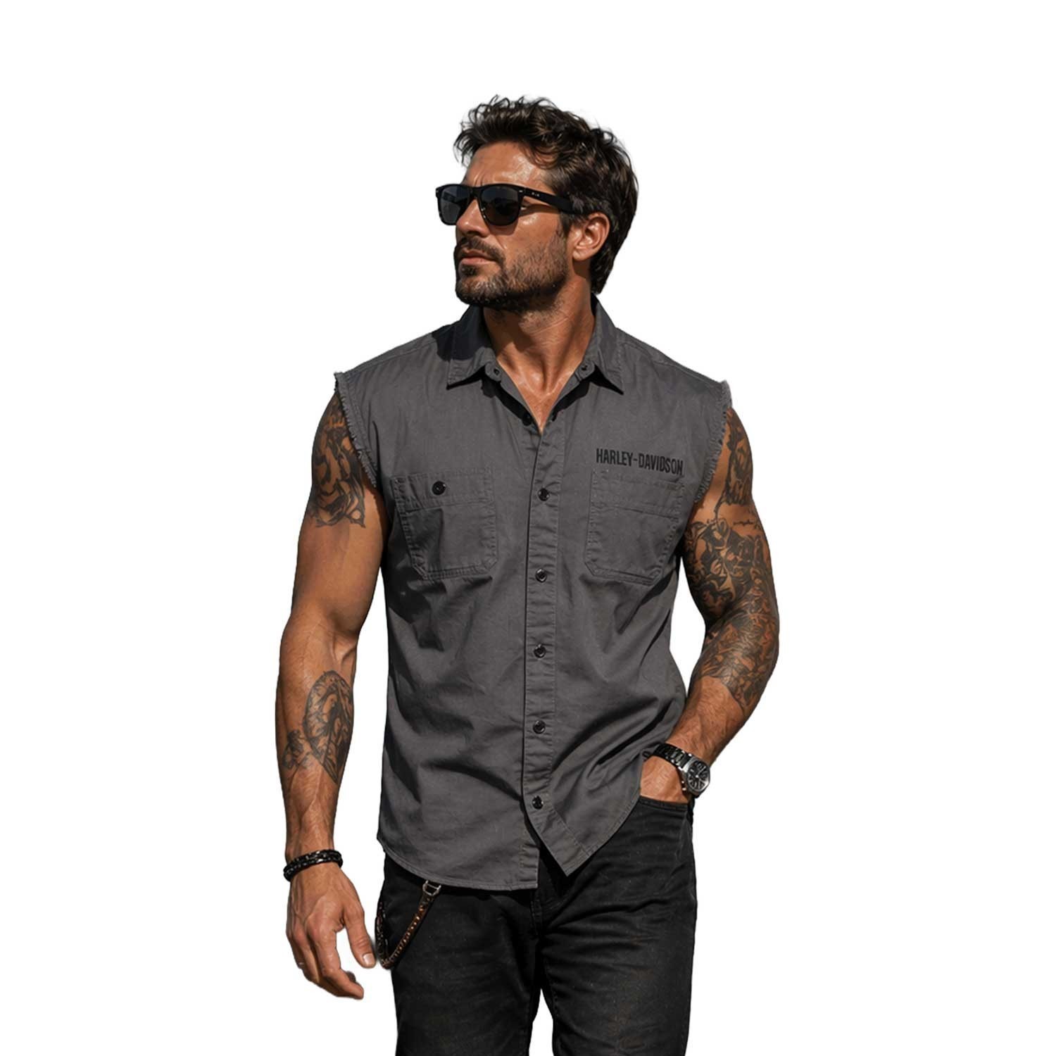 Harley-Davidson Men’s Dark Grey Vest Logo Patch Sleeveless Shirt (S68)