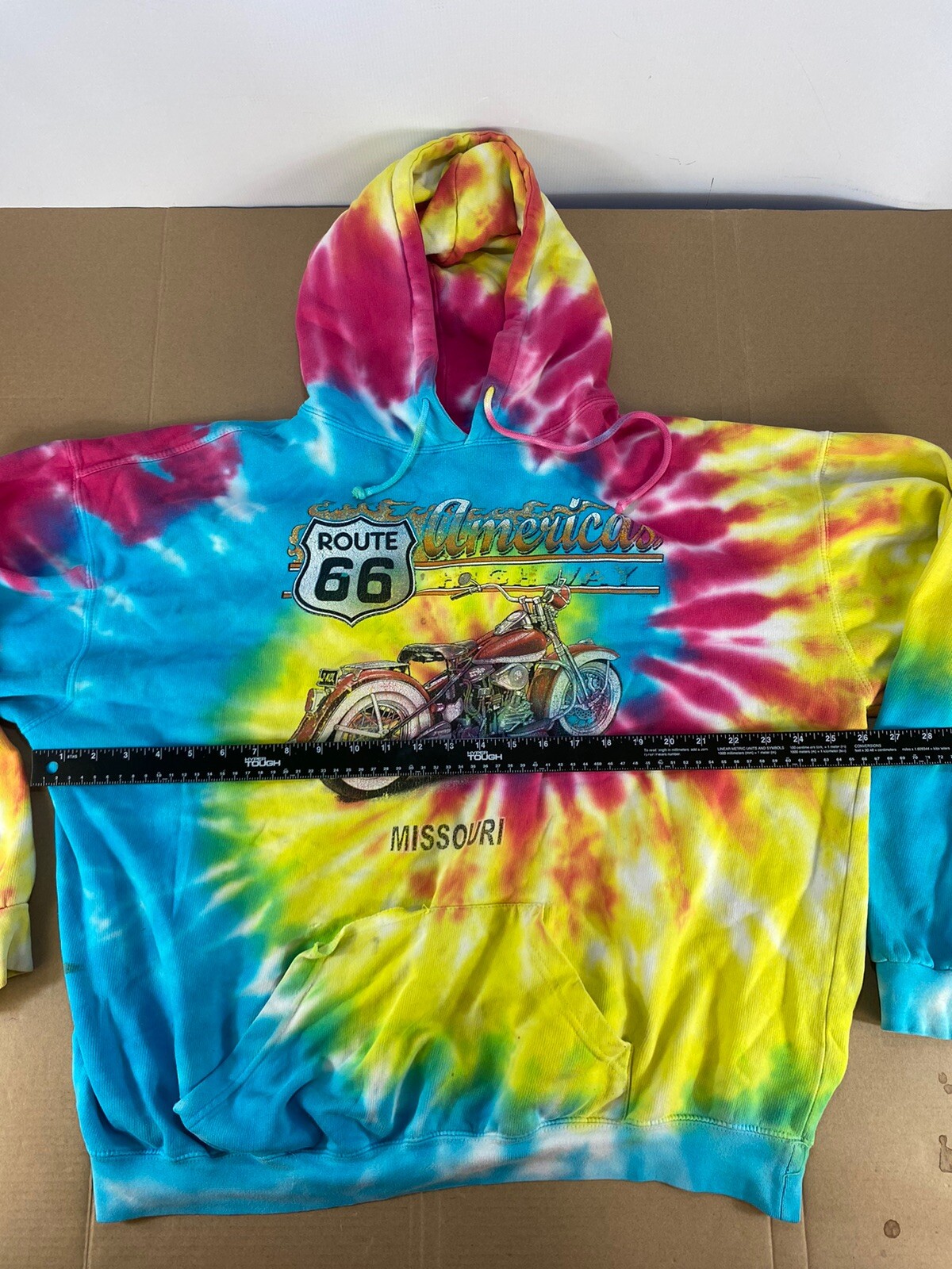 Vintage 80s 90s Tie Dye Hoody Hoodie Sweatshirt Route 66 Distressed Motorcycle