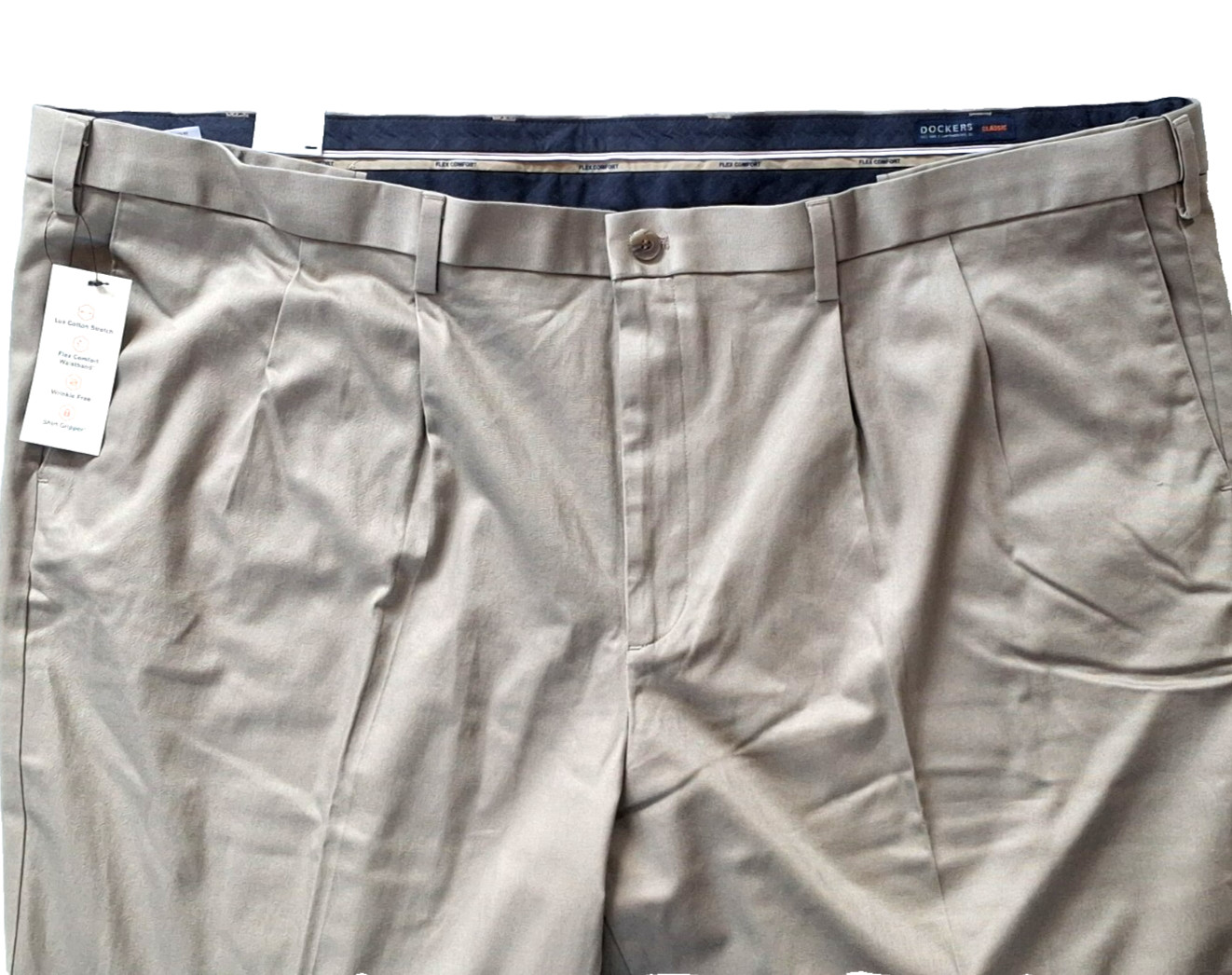 Dockers Pants 48 X 29 Big & Tall Light Khaki Classic Fit Pleated Flex Comfort