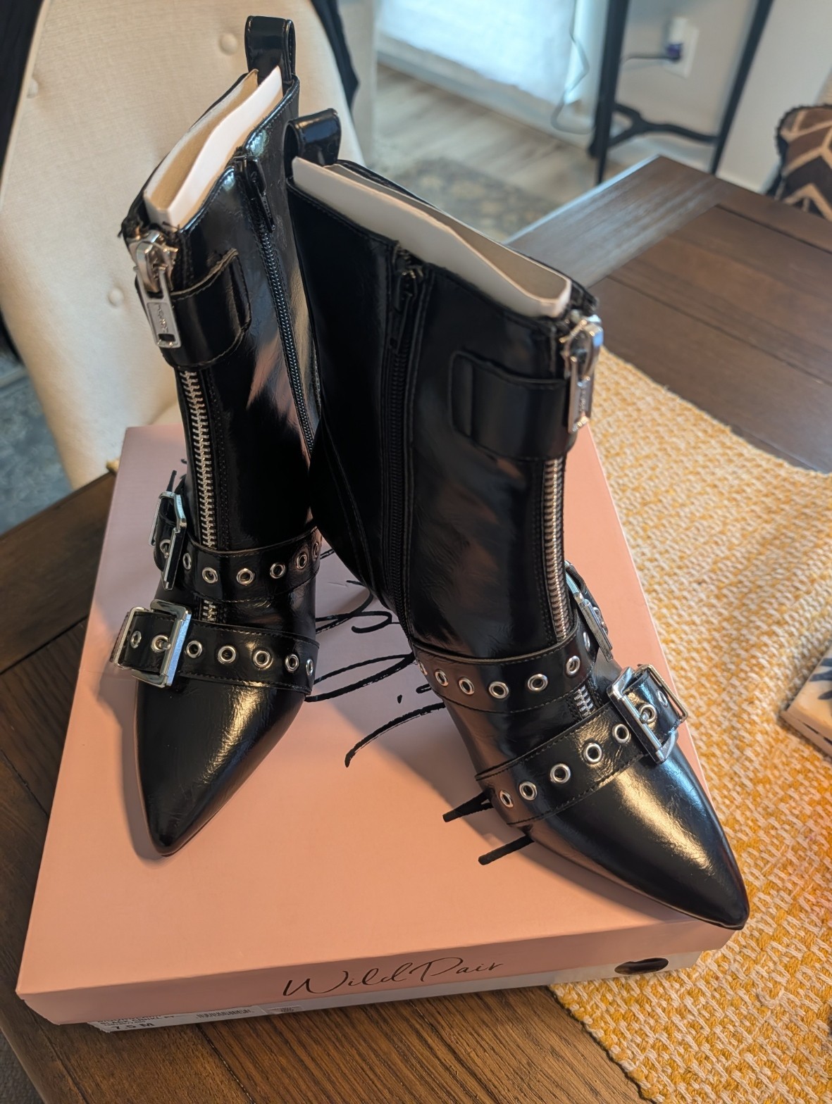 Black Patent Leather with buckles Kitten Heel Booties, size 7.5, new in box