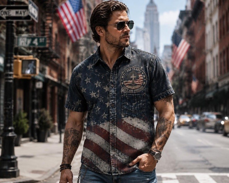 Vintage Patriotic 250 Years Faith & Freedom Shirt, Men’s American Flag Cross Tee