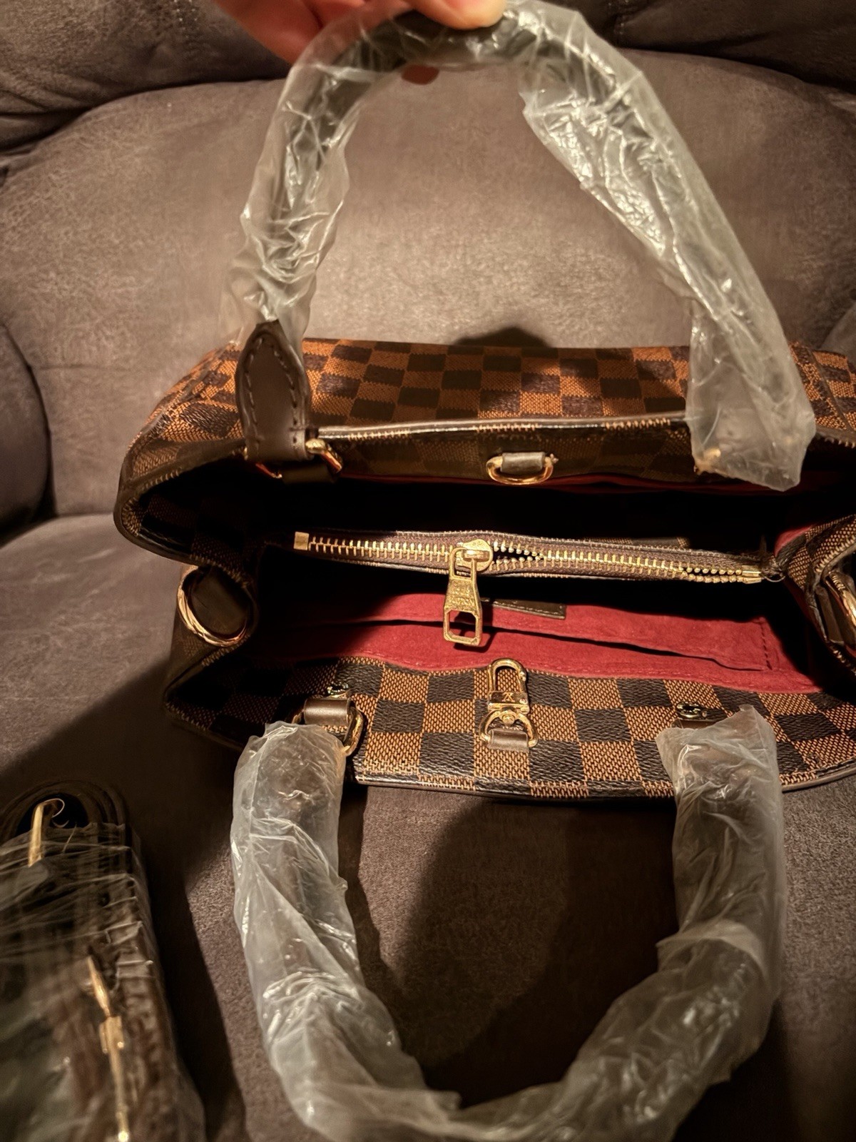 Louis Vuitton Brown Checked Handle Bag, Detachable Adjustable Strap, Zip, Gold