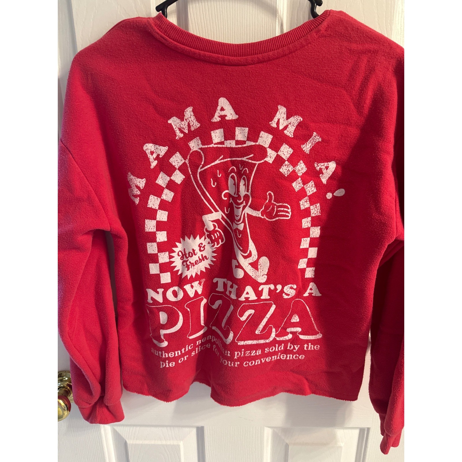 Art Class Kids Red Pizza Graphic Sweatshirt Mama Mia Raw Hem XL 14 Fleece