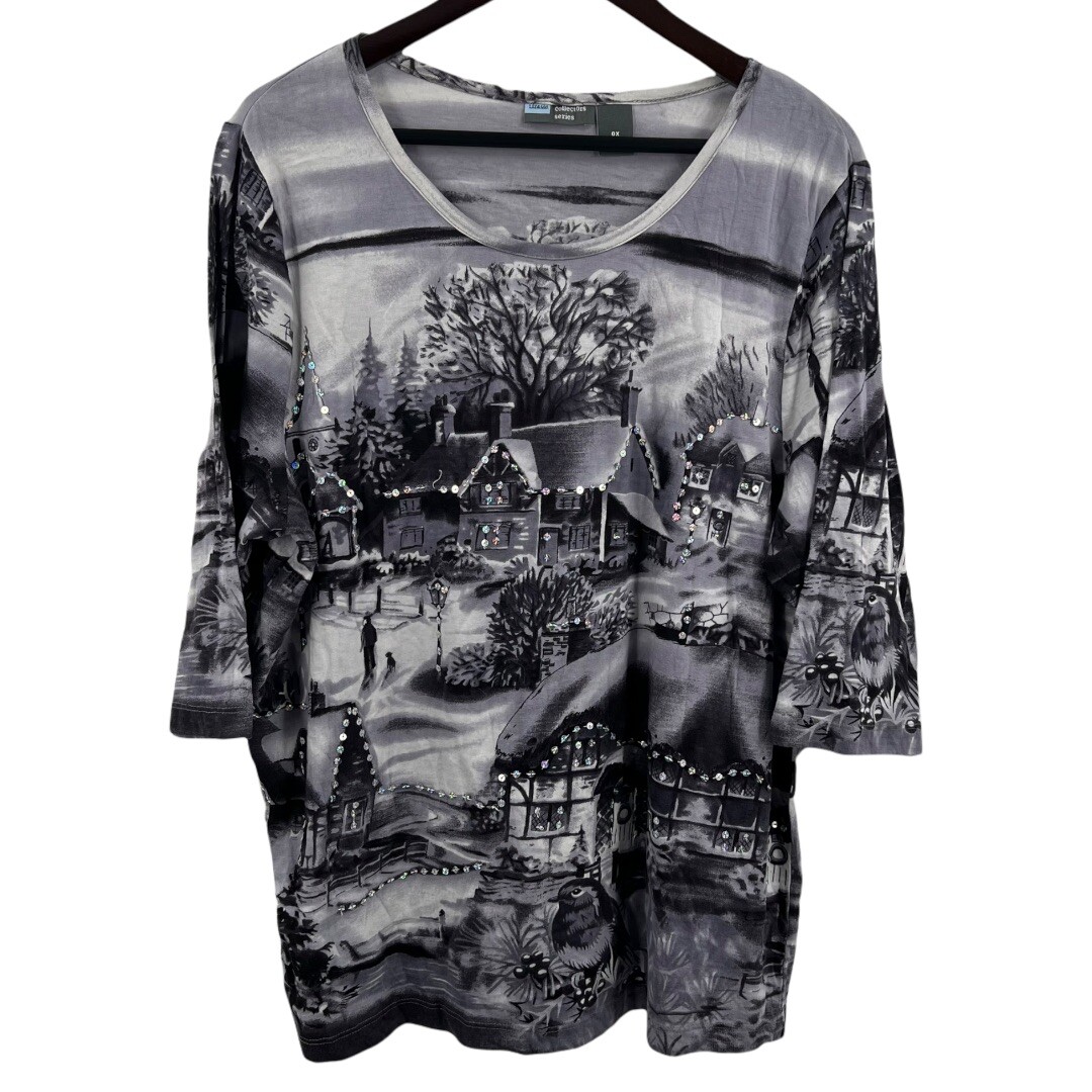 Liz & Me Grey Country Winter Scene Sequined Home Collectors Tee 14/16W