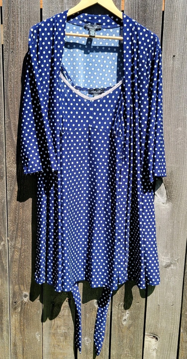 Rene Rofe Women’s Tie Robe & Cami Nightgown Set Blue w Polka Dots Sz L