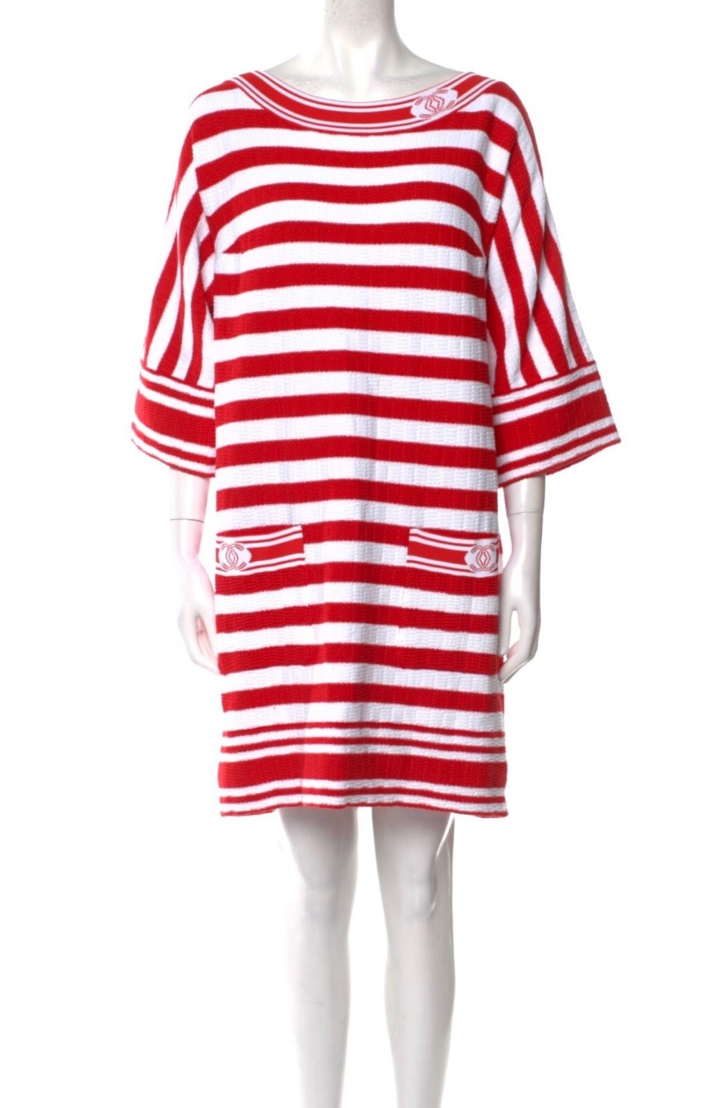 4.8K New Chanel 2019 White Red Stripe Dress 40 42 44 8 10 12 Logo Jacket S M L