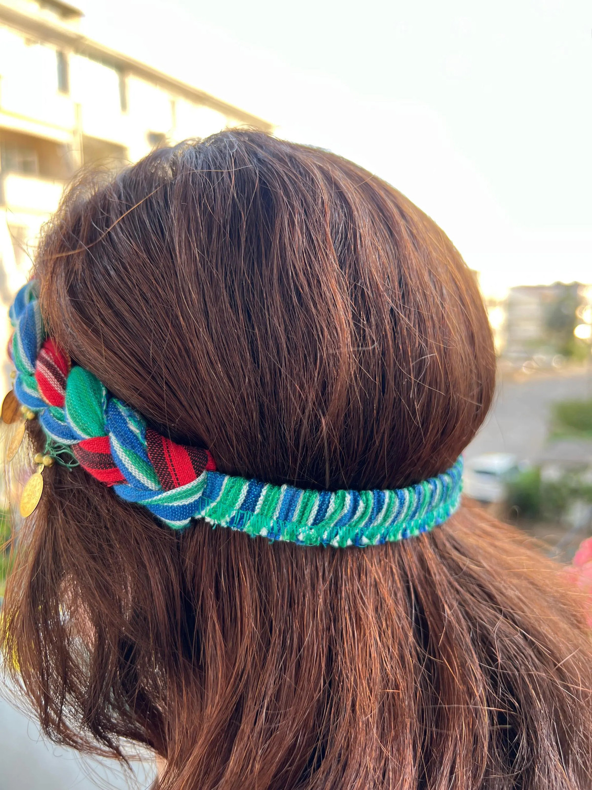 Gold Coin Handwoven Cotton Hair Band Green Blue Red Yellow Striped Handmade