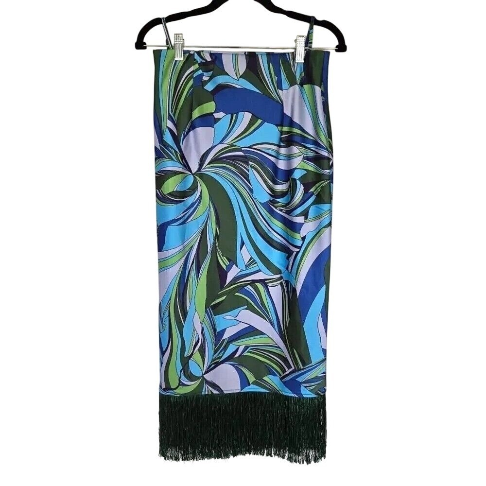 House of Harlow Blue Green Swirl Fringe Skirt Set Size XS Retro Luxe Miami Chic