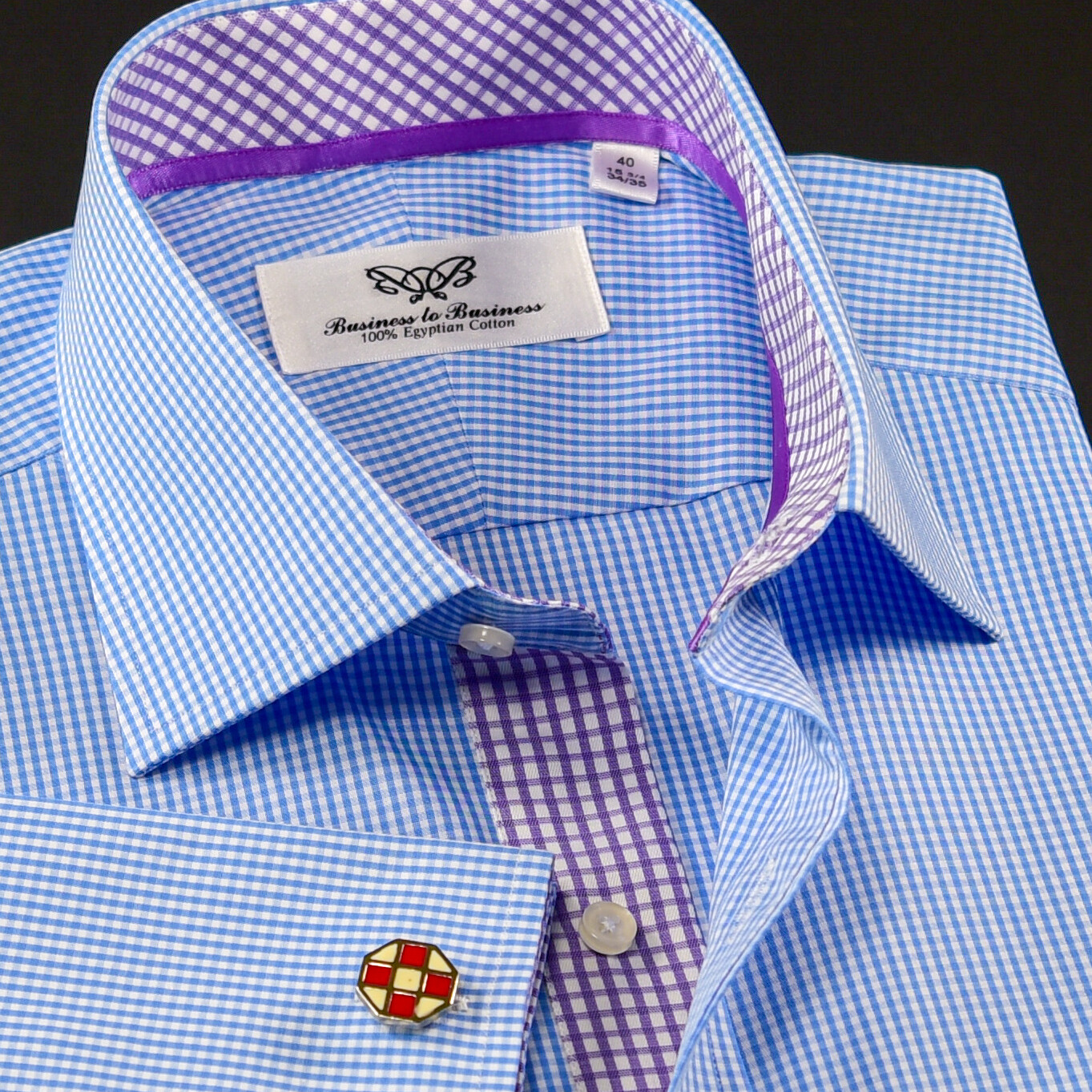 Blue Check on Designer Formal Business Dress Shirt Purple Matching Pattern