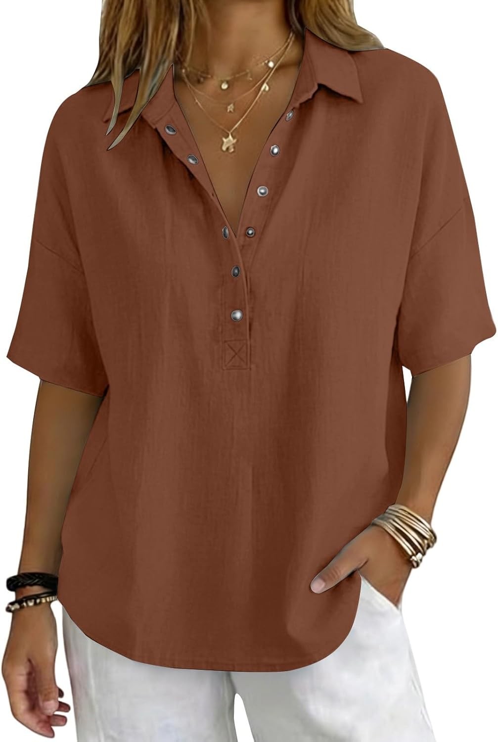Women Cotton Linen Tops Button Down V Neck Half Sleeve Summer Gauze Blouse