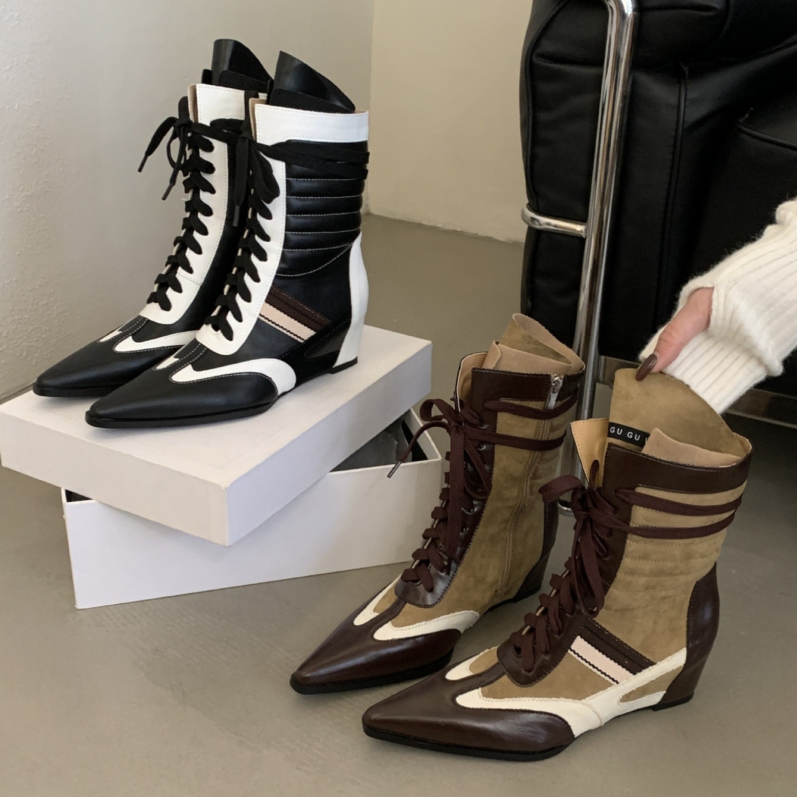 Women’s Pointed Toe Ankle Short Boots Two Tone Color Block Patchwork Shoes 2026