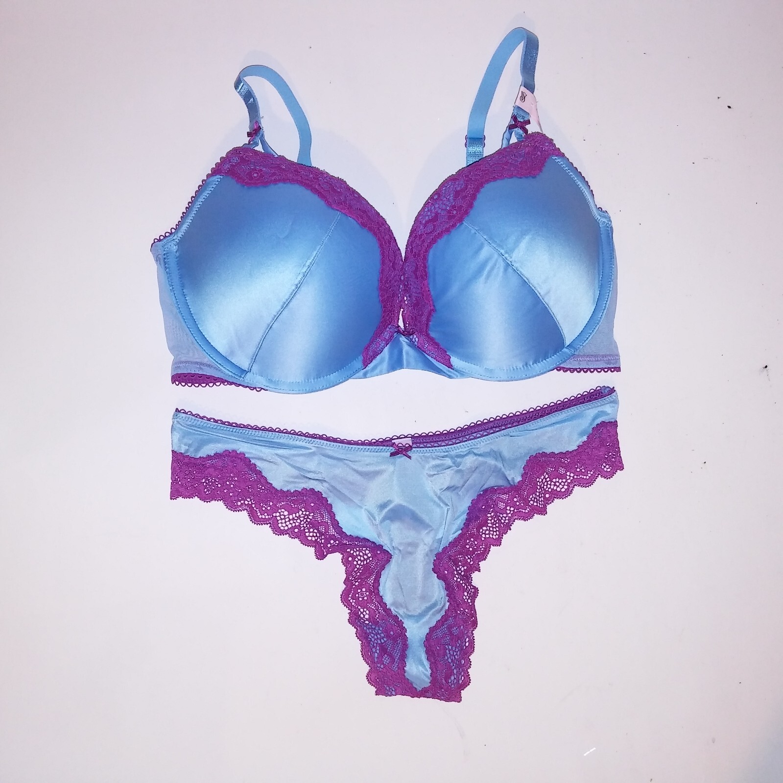 Victoria Secret Bra Set Push Up Thong Panty Blue Purple Tease Lace Trim Underwir