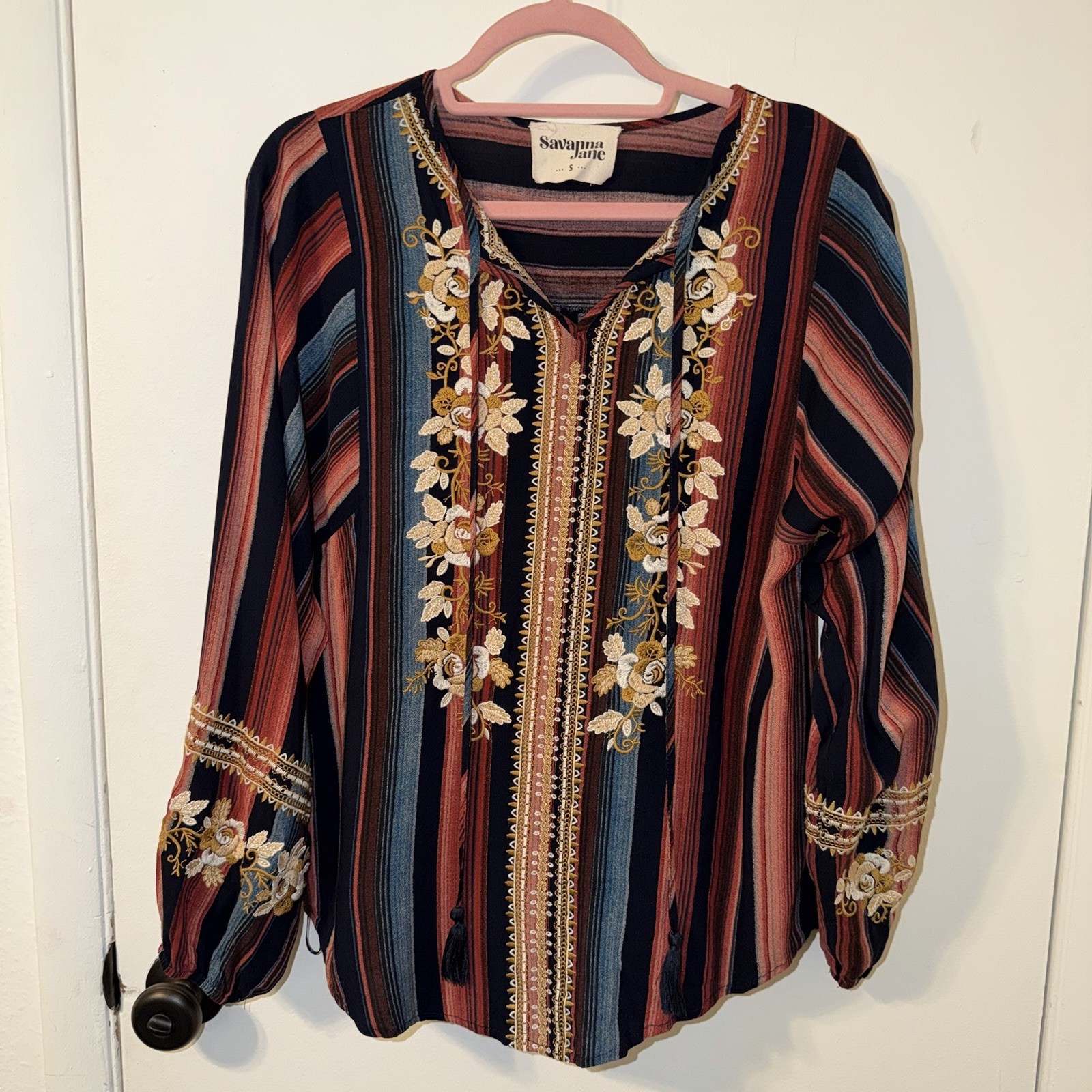 Savanna Jane Navy Multicolor Striped Floral Embroidered Top