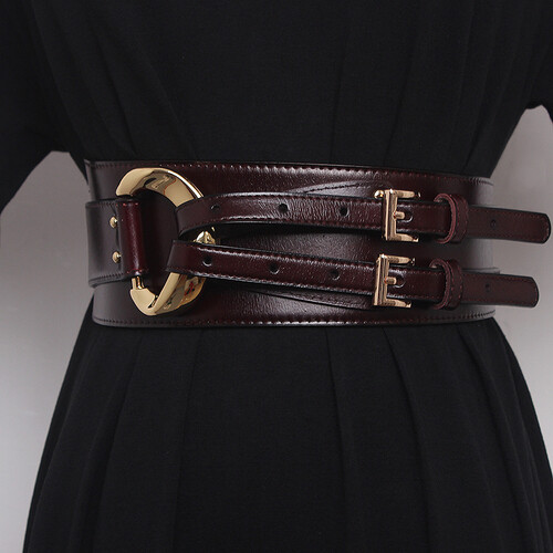 Women Cowhide Leather Corset Belt Double Prong Buckle Wide Decorative Waistband