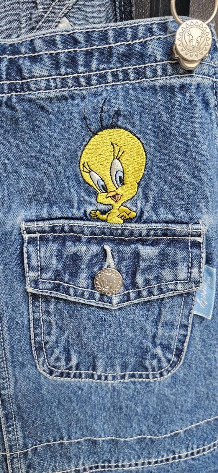 Vintage Womens 26/28 48×6 Y2K Looney Tunes Tweety Bird Denim Short Bib Overalls