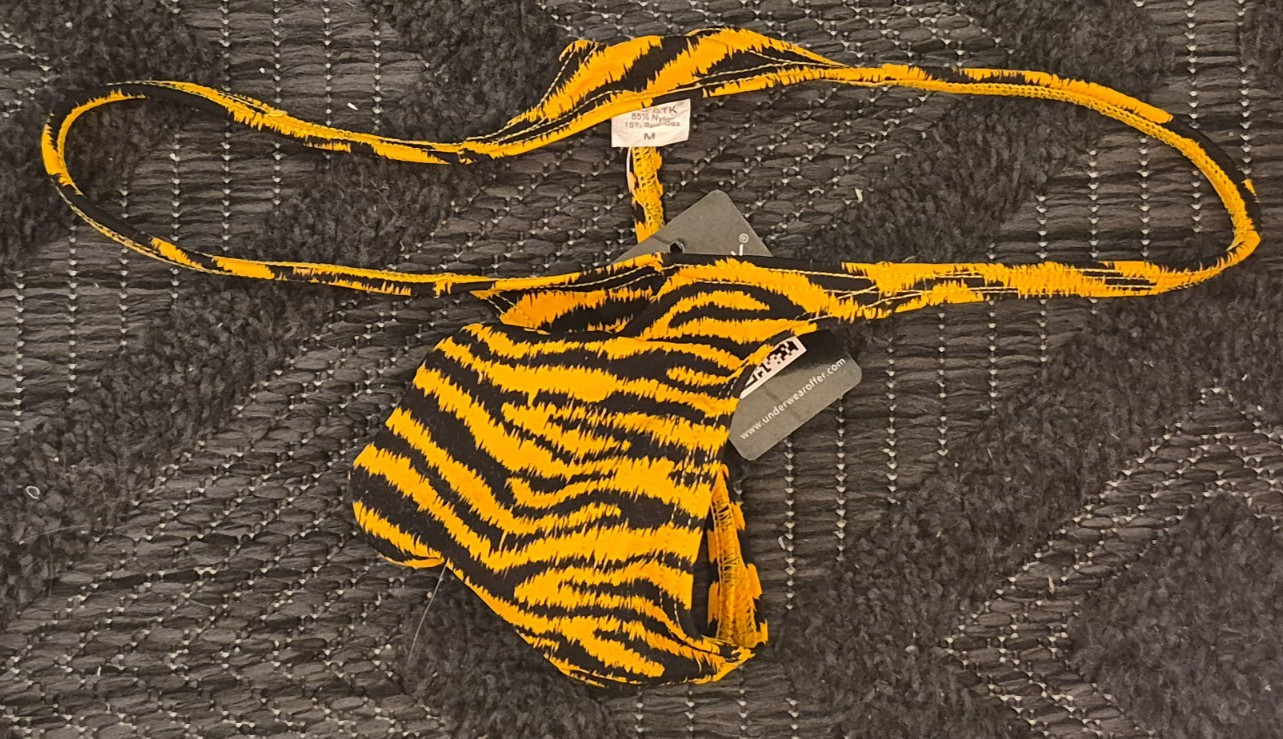 JAXFSTK MENS GRAPE SMUGGLER THONG (M-28-34) ORANGE TIGER STRIPE