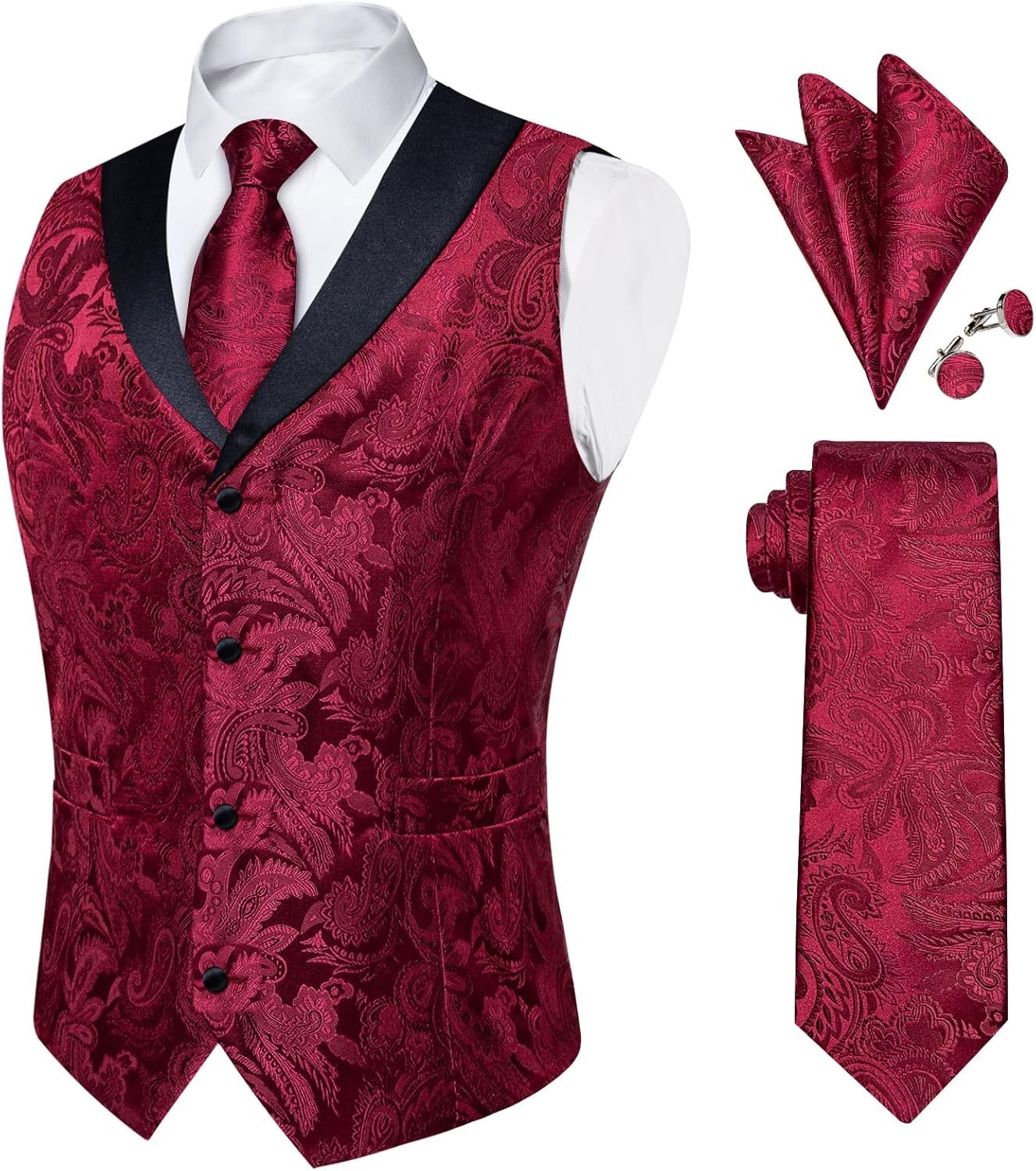 Mens Paisley Silk Vest Tie Pocket Square Cufflinks Set for Wedding Party Formal