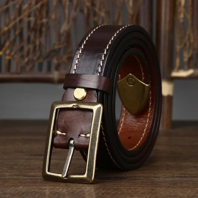 Italian Veg Tanned Cowhide Double Sided Belt Stitching Brass Buckle 3.3cm 3.8cm