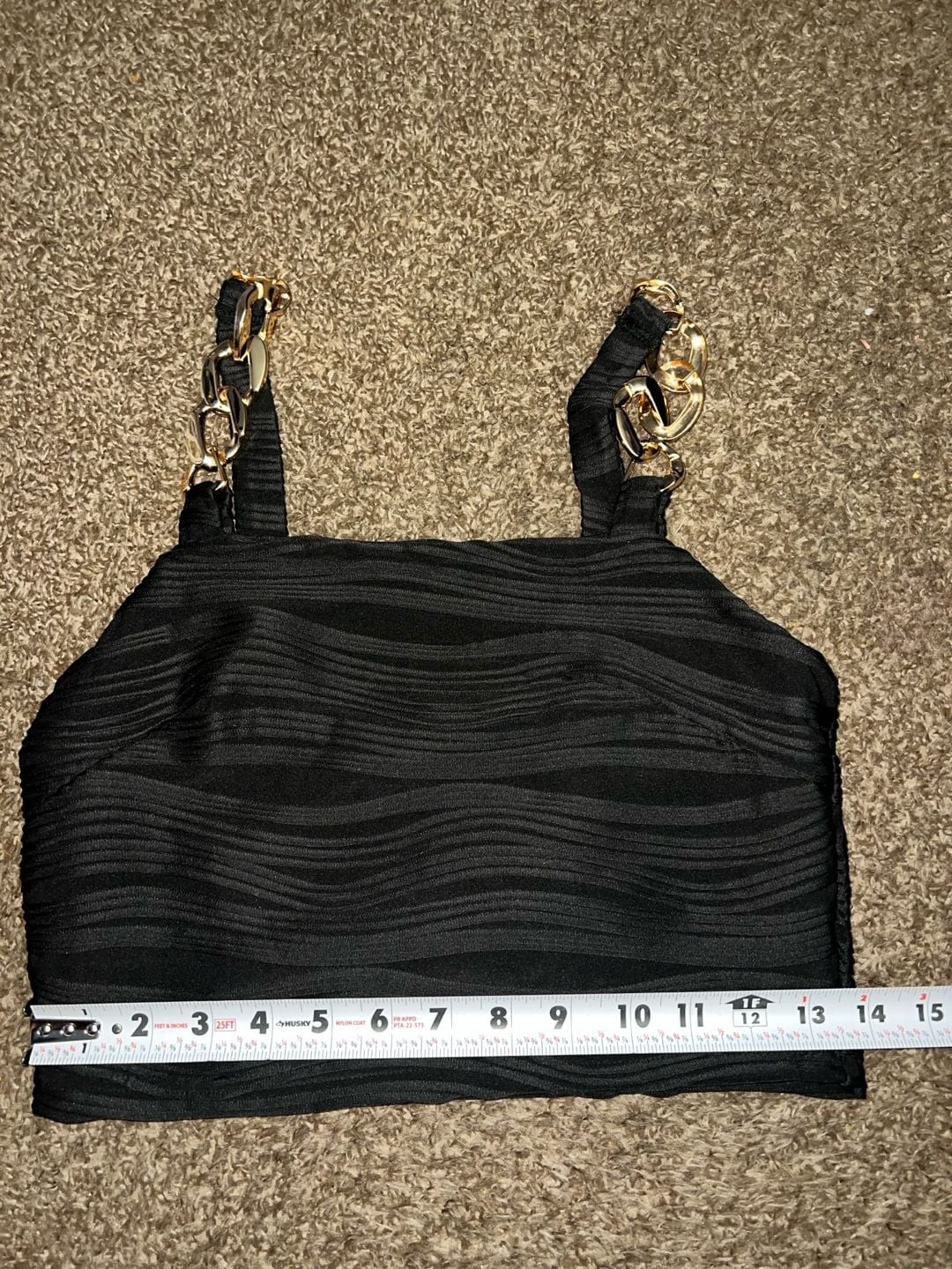 SHEIN Black Ribbed Wavy Texture Crop Top with Gold Chain Straps