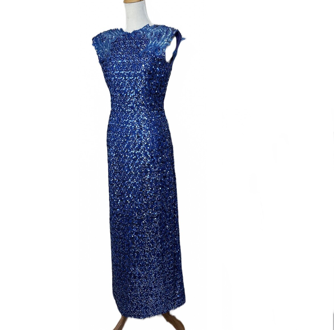 Vtg 70s Embellished Sequined Dress Party Cocktail Blue Full Length Prom Eras 10