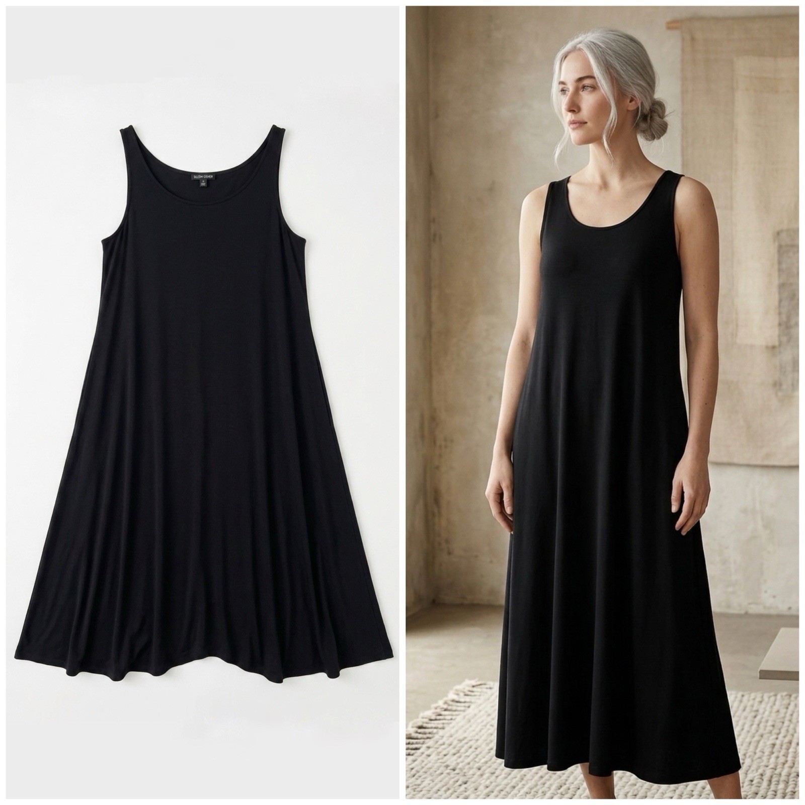 NWOT Eileen Fisher Black Jersey Tank Dress Midi Minimalist Lagenlook M