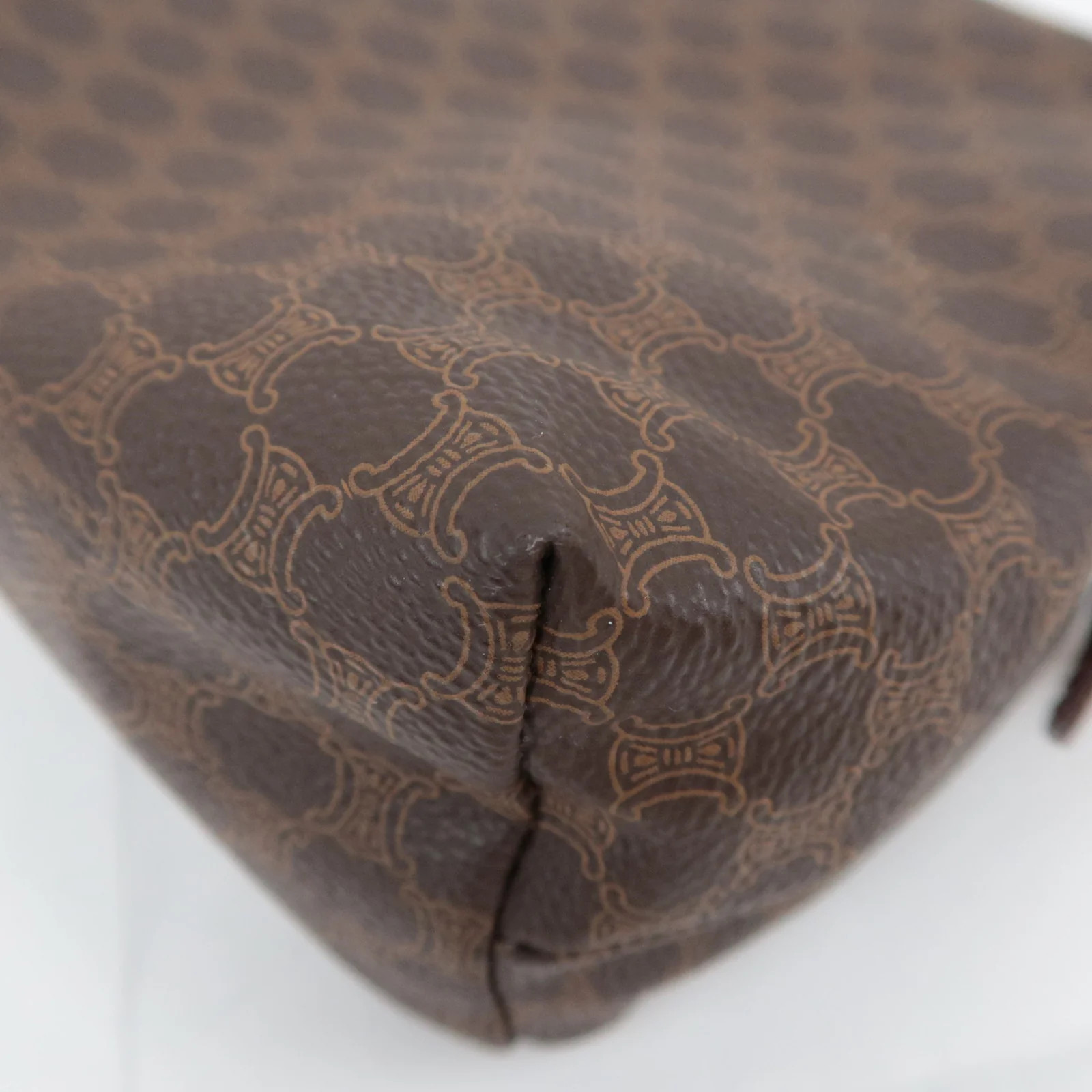 CELINE Macadam PVC Leather Cosmetic Pouch Brown Gold HDW Authentic