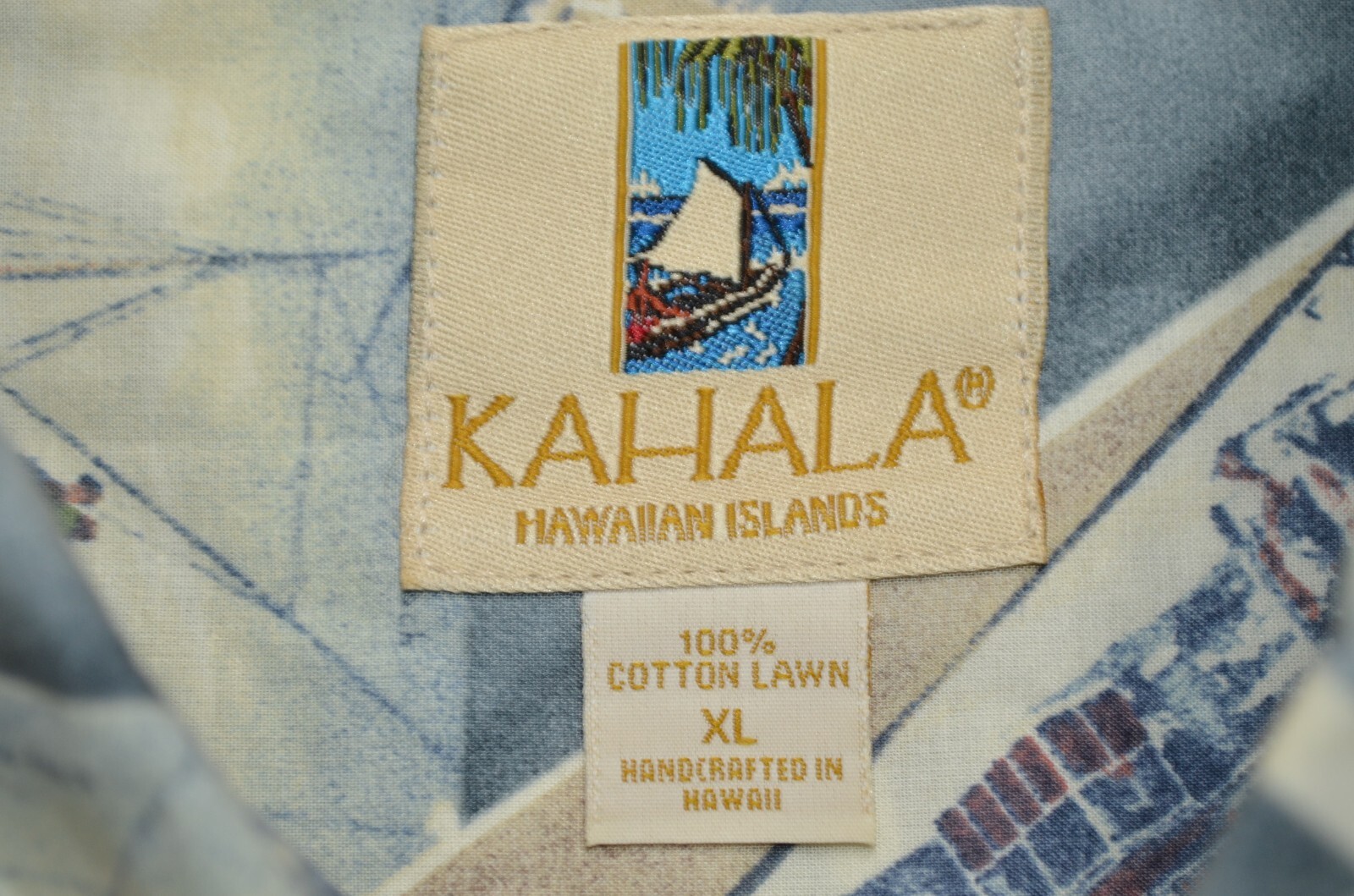 Kahala Hawaiian Islands Shirt Mens XL Fish Boats Postcards Print Cotton Lawn