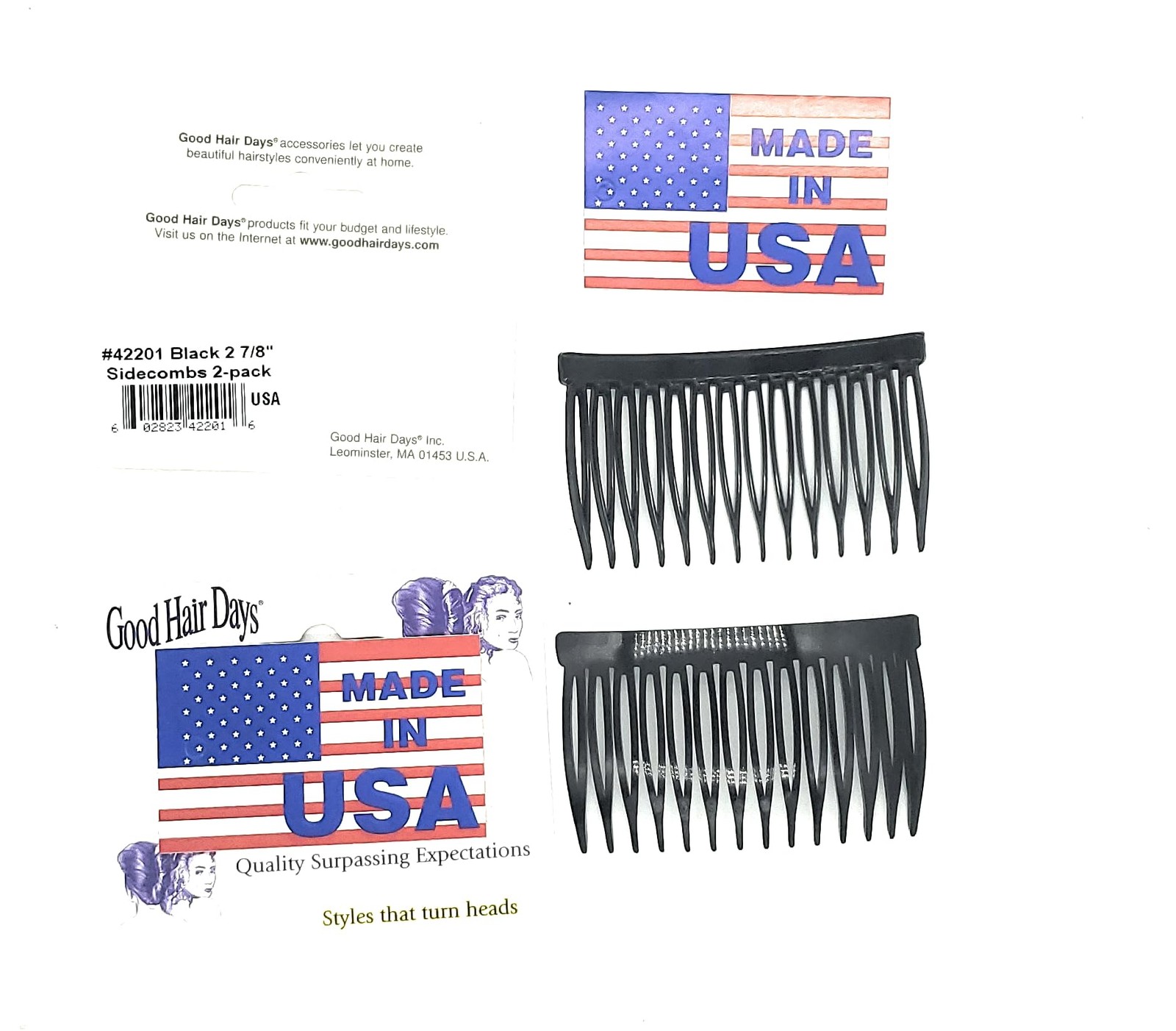 Good Hair Days USA Side combs, Curved ​Design Black ​14-Tooth Good Grip 3″ by