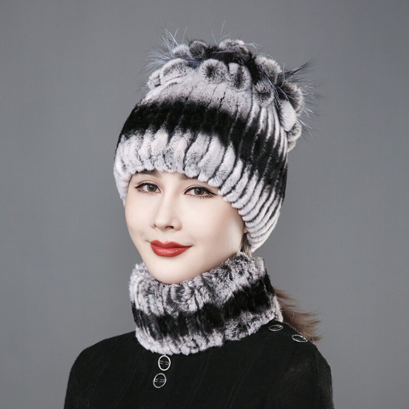 Winter Fur Hats Scarf Women Real Rex Rabbit Warm Beanie Cap With Fox Fur Fluffy