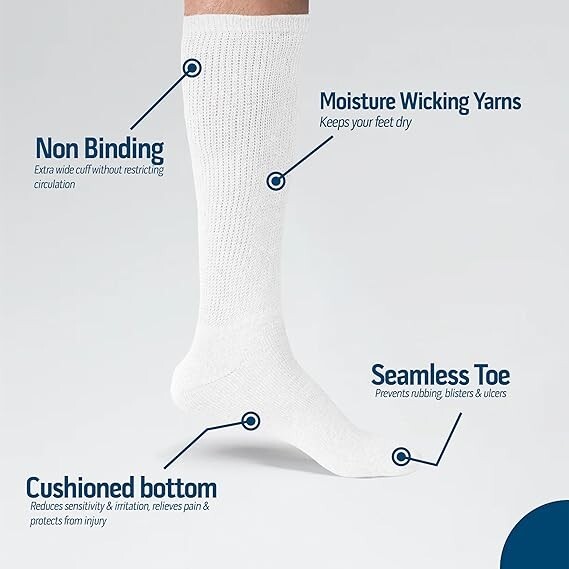 2 Pairs Diabetic Socks Over The Calf – Knee High Premium Cotton Socks Men’s Size